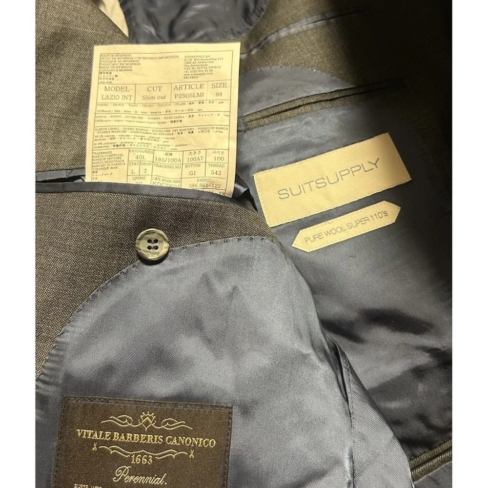 SuitSupply Lazio Blazer Jacket Wool Mens 40L Slim Gray Vitale Barbaris Canonico